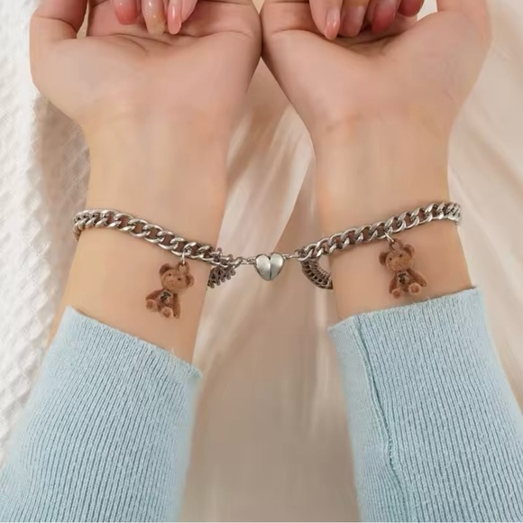 2Pcs Bear Couple Friendship Bracelets Stainless Steel Heart Friendship Bracelet - Picture 1 of 3